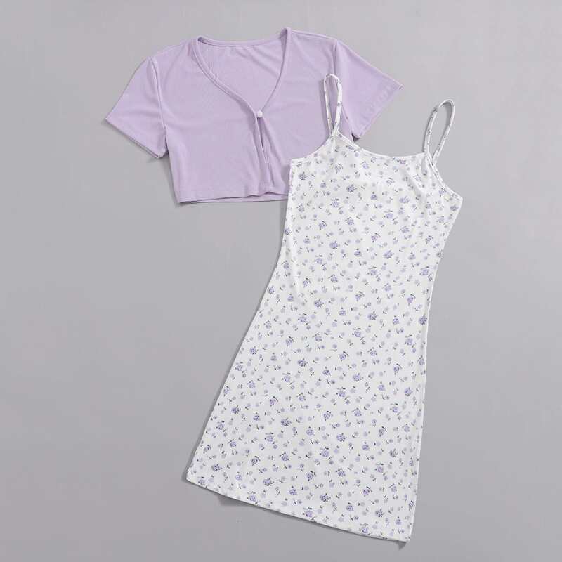 

Solid Ribbed Top & Ditsy Floral Dress, Multicolor
