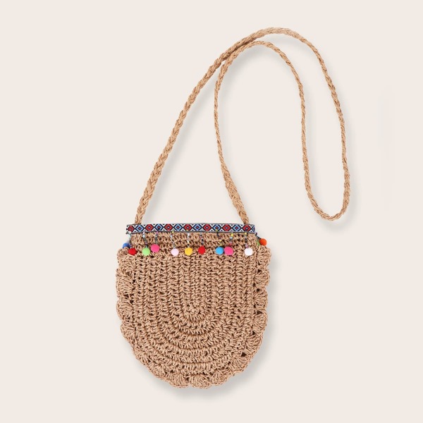 

Pom-pom Charm Straw Bag, Brown