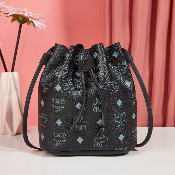 

Letter Graphic Drawstring Bucket Bag, Black