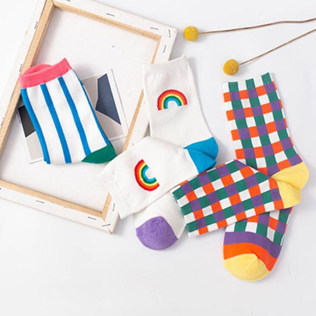 

3pairs Striped Crew Socks, Multicolor