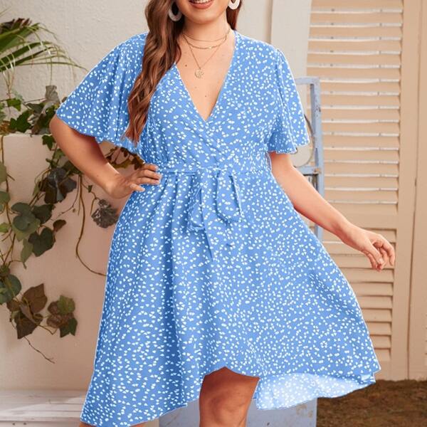 

Plus Confetti Heart Print Belted Wrap Dress, Baby blue