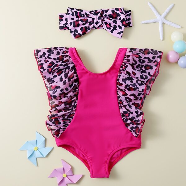 

Baby Girl Leopard Ruffle One Piece Swimsuit & Headband, Hot pink