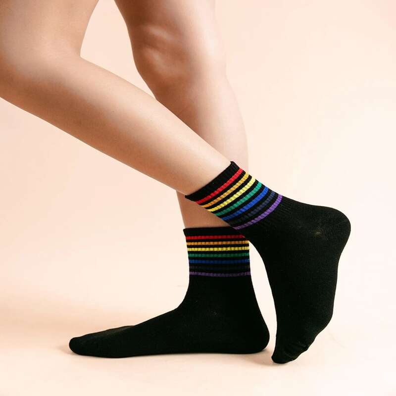 

3pairs Rainbow Striped Crew Socks, Multicolor