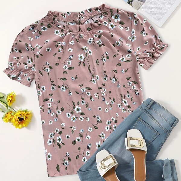 

Plus Ditsy Floral Frill Neck Flounce Sleeve Blouse, Dusty pink