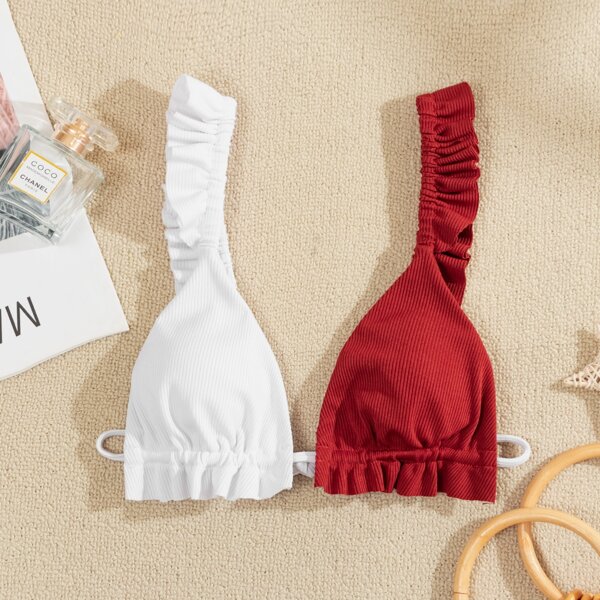 

Color Block Ruffle Trim Bikini Top, Red and white