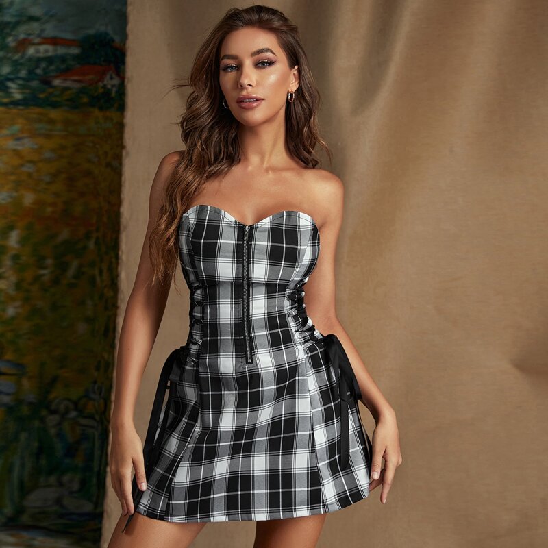 

Plaid Zip Front School Girl Costume Dress, Black and white