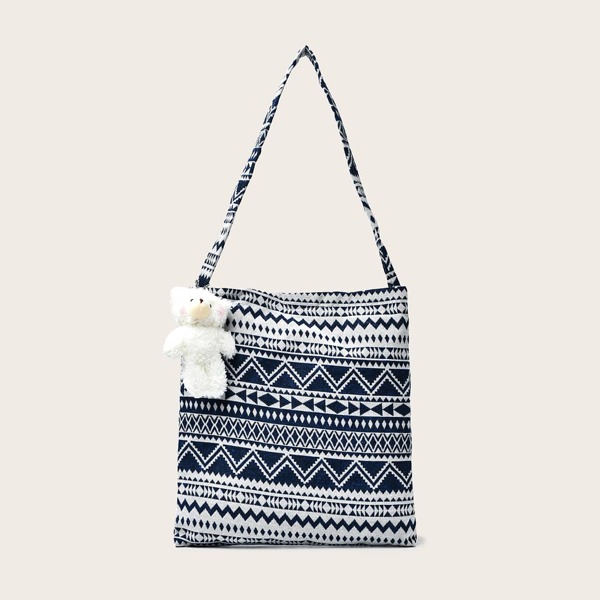 

Geo Pattern Shoulder Bag With Bag Charm, Blue and white