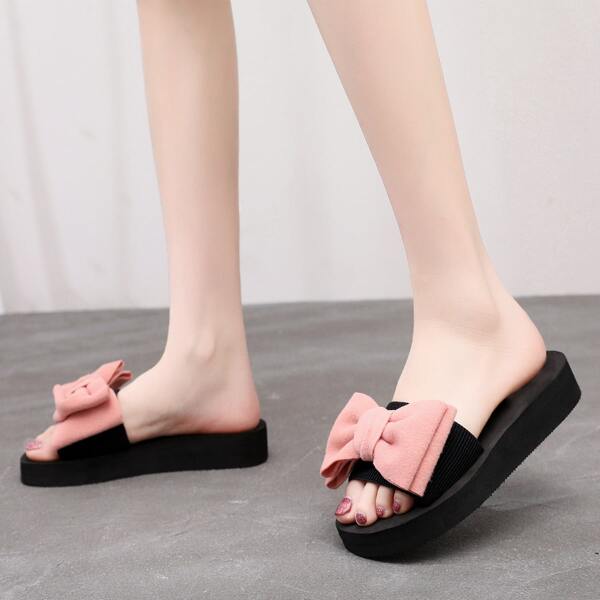 

Open Toe Bow Decor Slides, Black
