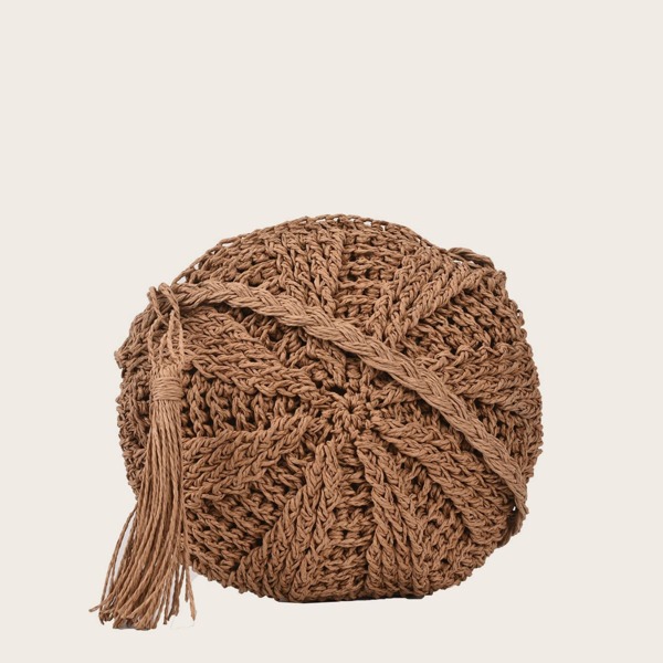 

Tassel Decor Straw Bag, Brown