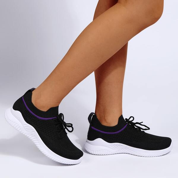 

Lace Up Decor Knit Sneakers, Black