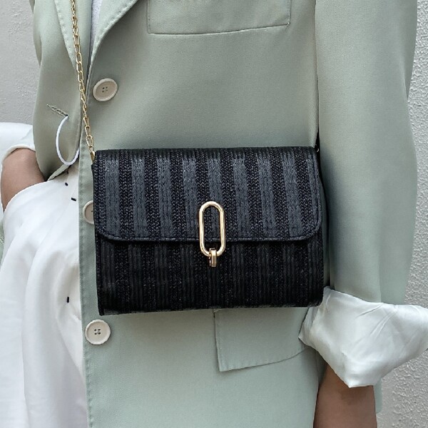 

Striped Flap Crossbody Bag, Black