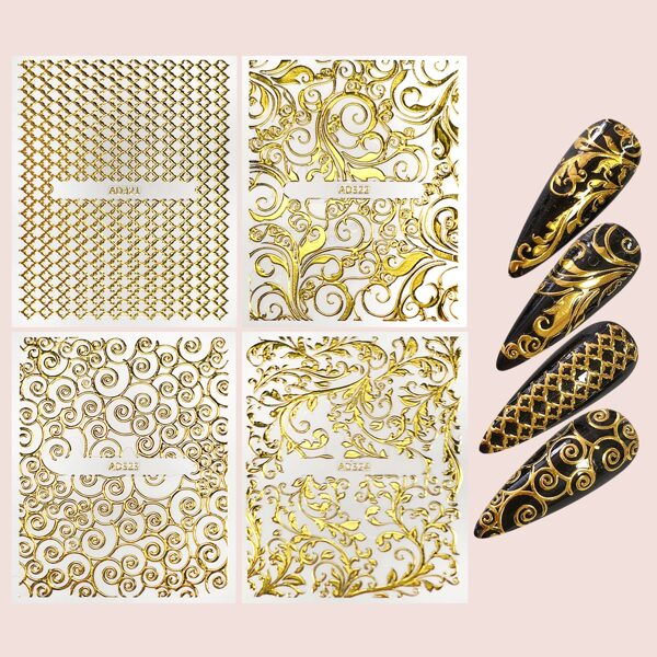 

4sheets Bronzing Pattern Nail Sticker, Gold