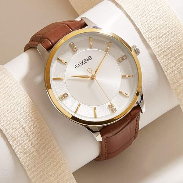 

Rhinestone Decor Round Pointer Quartz Watch