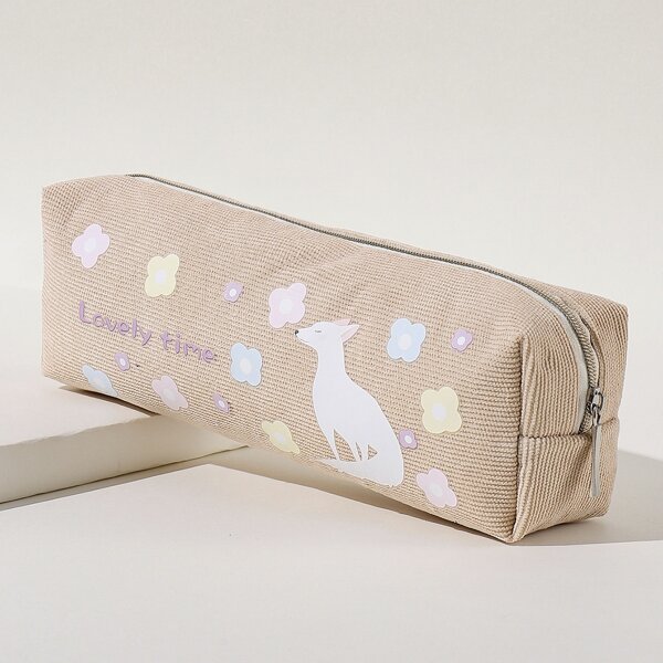 

Cartoon Fox Print Pencil Bag, Apricot