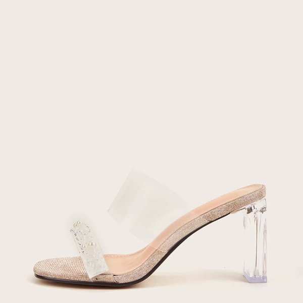 

Clear Faux Pearl Decor Chunky Heeled Mules