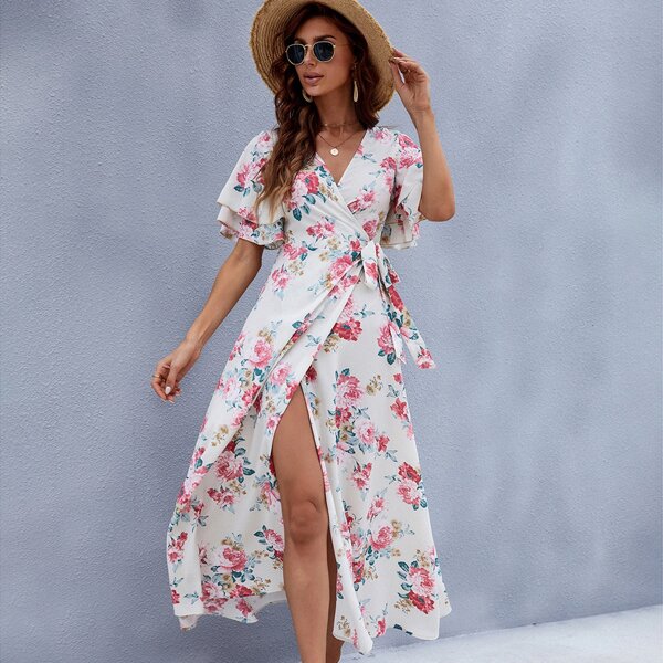 

Allover Floral Tie Side Wrap Dress, Multicolor