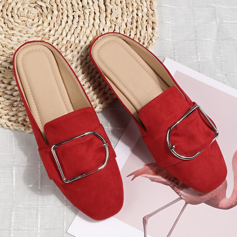 

Square Toe Buckle Decor Flat Mules, Red