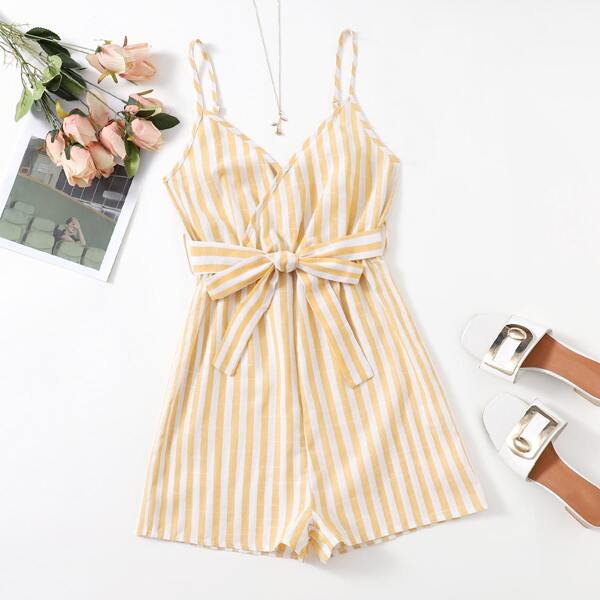 

Striped Print Belted Cami Romper, Multicolor
