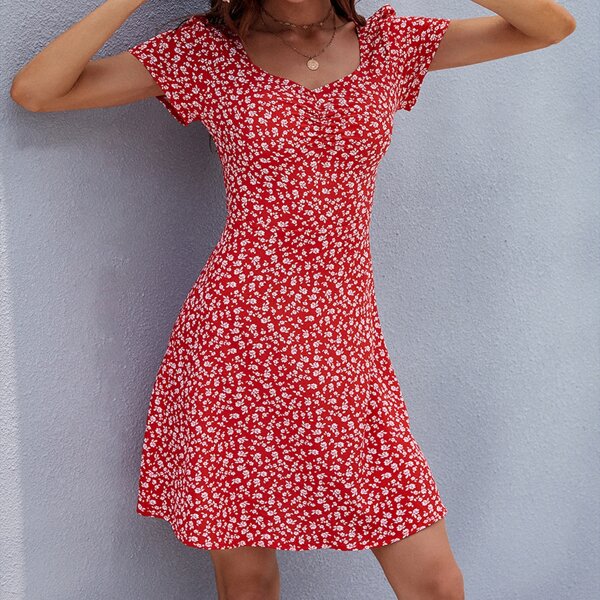 

Ditsy Floral Criss Cross A-line Dress, Red