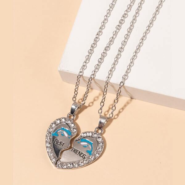 

2pcs Half Heart Pendant Necklace, Silver
