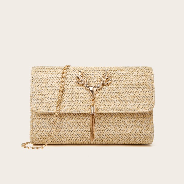 

Metal Tassel Decor Flap Straw Bag, Khaki