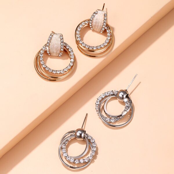 

2pairs Rhinestone Decor Alloy Earrings, Multicolor