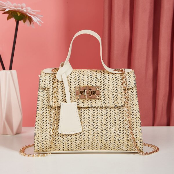 

Flap Chain Straw Bag, Khaki