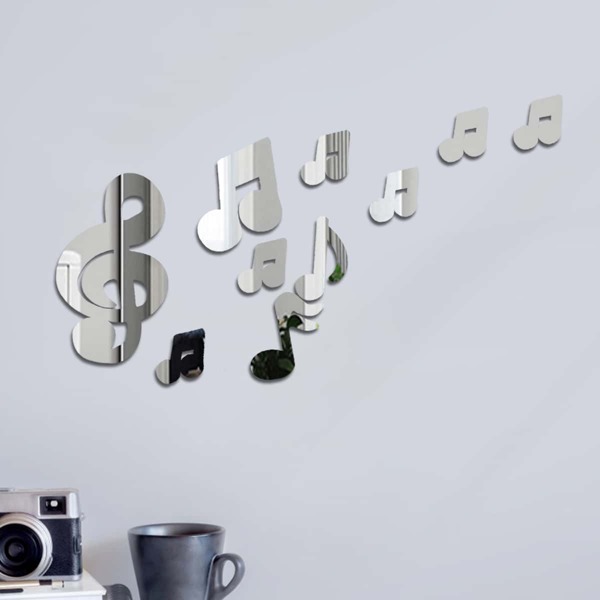 

10pcs Music Notes Shaped Mirror Surface Wall Sticker, Silver