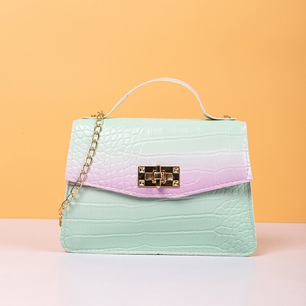 

Ombre Croc Embossed Flap Chain Bag, Green