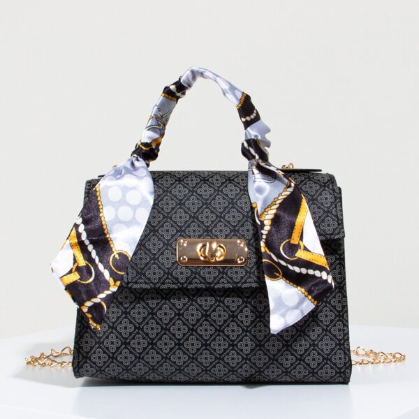 

Twilly Scarf Decor Turn-Lock Satchel Bag, Black