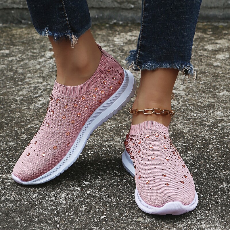 

Rhinestone Decor Knit Slip On Sneakers, Pink