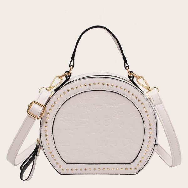 

Studded Decor Cartoon Embossed Satchel Bag, White