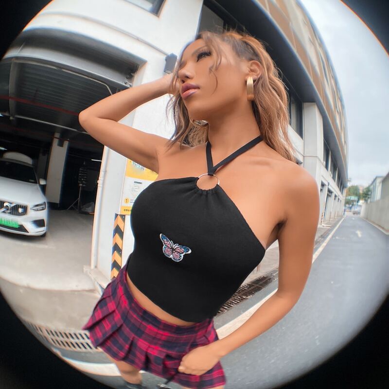 

Butterfly Embroidered Ring Crop Knit Top, Black