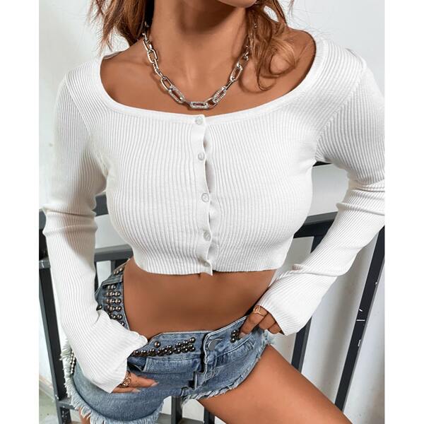 

Button Front Scoop Neck Crop Cardigan, White
