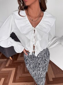 SHEIN Unity Solid Tie Front Ruffle Trim Top - White - View 7