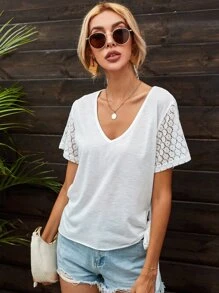 Camiseta unicolor con encaje en contraste de manga - Blanco - Ver 1