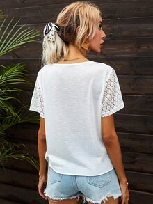 Camiseta unicolor con encaje en contraste de manga - Blanco - Ver 2