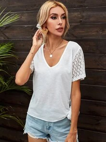 Camiseta unicolor con encaje en contraste de manga - Blanco - Ver 3
