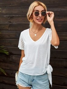 Camiseta unicolor con encaje en contraste de manga - Blanco - Ver 4