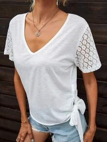 Camiseta unicolor con encaje en contraste de manga - Blanco - Ver 5
