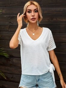 Camiseta unicolor con encaje en contraste de manga - Blanco - Ver 6