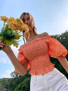 小碎花露肩打褶燈籠袖上衣 - 珊瑚橙 - 查看 4