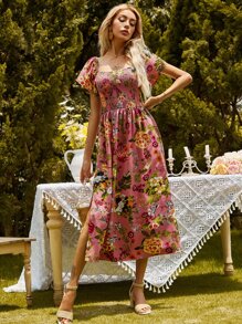 SHEIN Unity 開衩打褶上身花卉連衣裙 - 彩色 - 查看 1