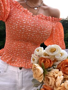 小碎花露肩打褶燈籠袖上衣 - 珊瑚橙 - 查看 6