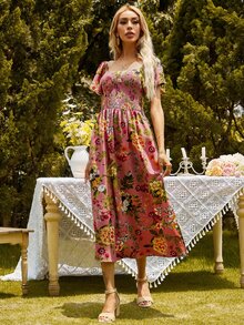 SHEIN Unity 開衩打褶上身花卉連衣裙 - 彩色 - 查看 3