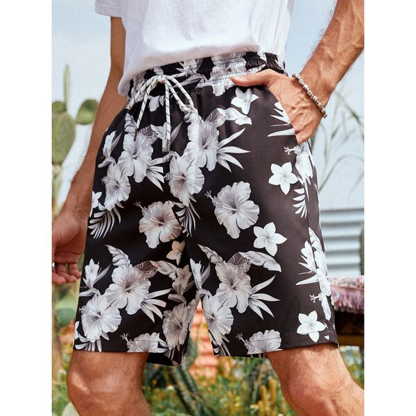 

Men Floral Print Drawstring Waist Swim Trunks, Black