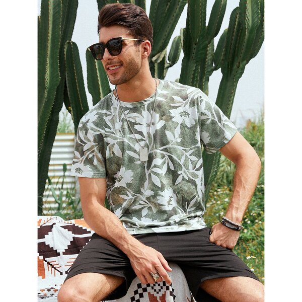 

Men Floral Round Neck Tee, Army green