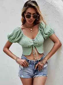 Blusa Con Mangas Abullonadas Y Cordones En La Parte Delantera - verde menta - Ver 1