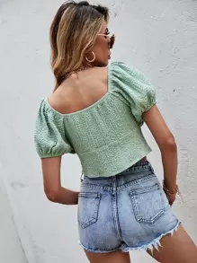 Blusa Con Mangas Abullonadas Y Cordones En La Parte Delantera - verde menta - Ver 2