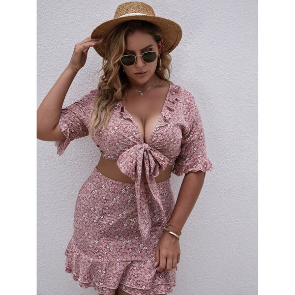 

Plus Ditsy Floral Tie Front Top & Ruffle Hem Skirt, Dusty pink